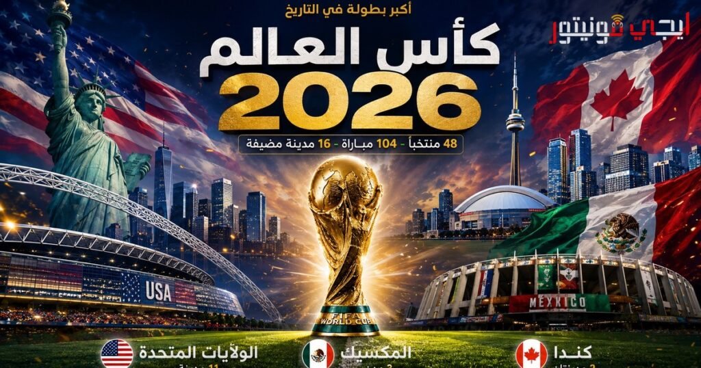 خريطة توزيع ملاعب كأس العالم 2026 في الولايات المتحدة وكندا والمكسيك مع شعار الفيفا