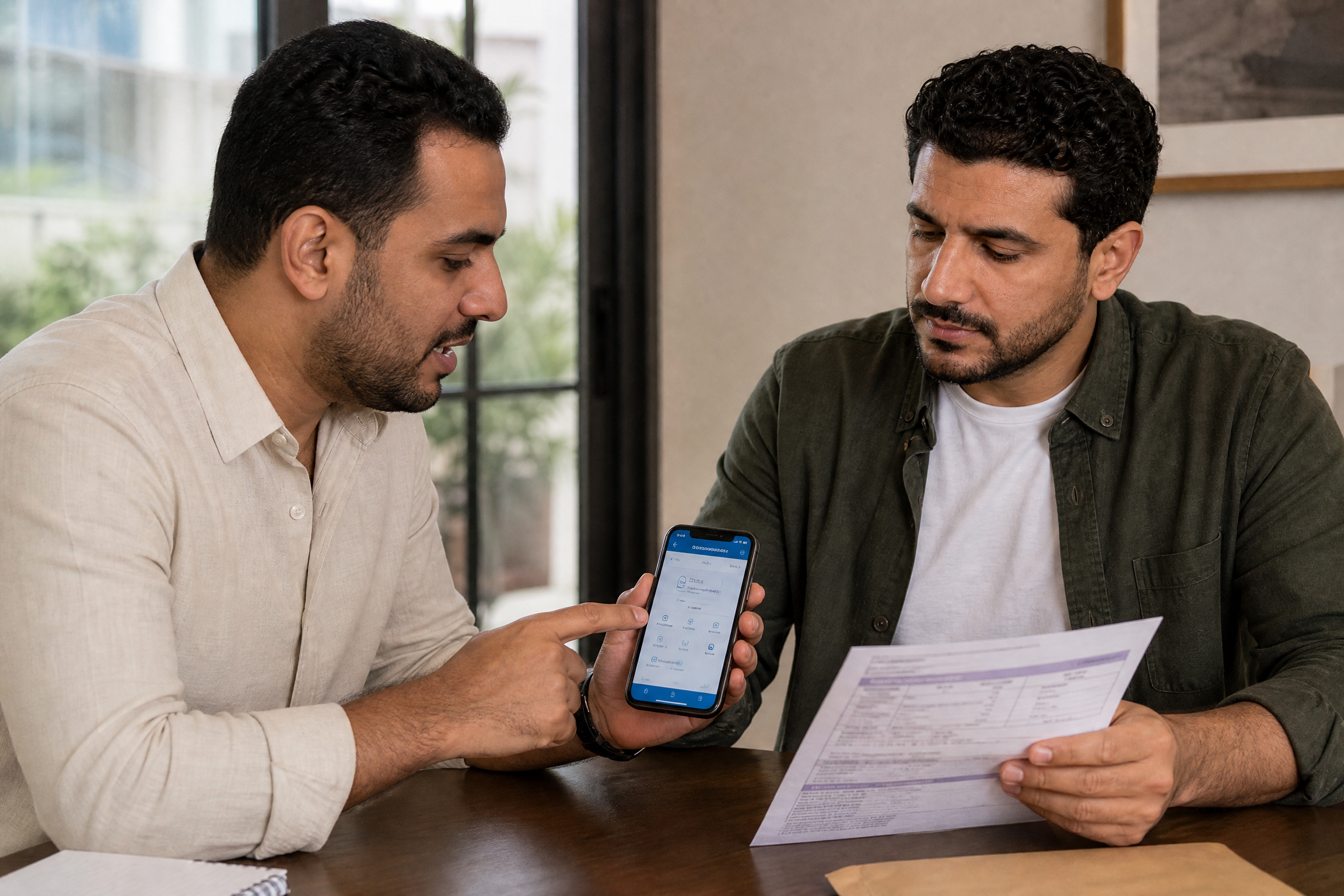 رجل يراجع اختيار الكهرباء داخل محفظة هاتف لدفع فاتورة في مصر