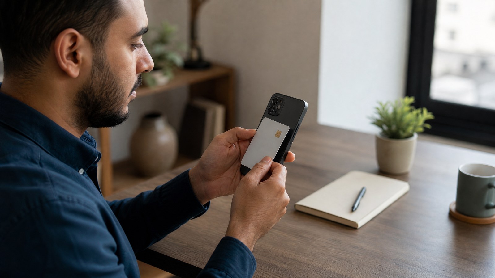 رجل يضع كارت كهرباء مسبق الدفع قرب هاتف يدعم NFC