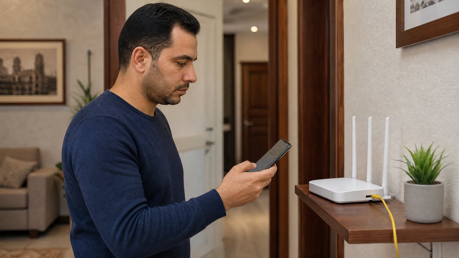 رجل مصري يفحص تغطية شبكة Wi-Fi بجوار راوتر الإنترنت المنزلي