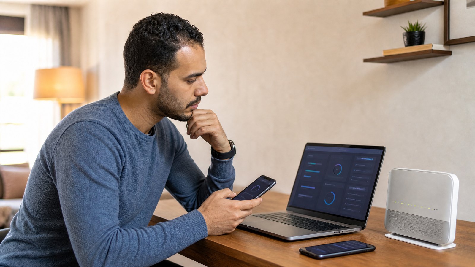 رجل مصري يفحص الأجهزة المتصلة بشبكة Wi-Fi بجوار الراوتر