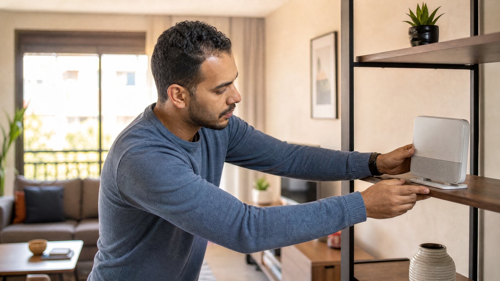 رجل مصري يضع راوتر Wi-Fi في مكان مفتوح لتحسين التغطية