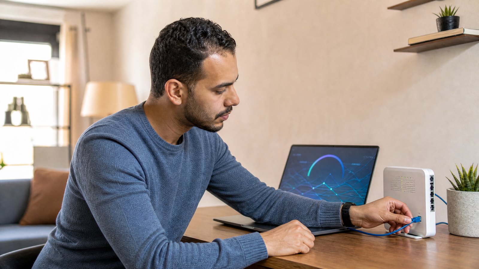 رجل مصري يختبر سرعة الإنترنت بتوصيل الحاسوب بالراوتر عبر كابل Ethernet