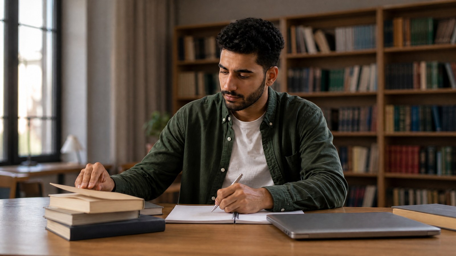 طالب يخطط لمسار تعلم ويكتب ملاحظات في مكتبة هادئة