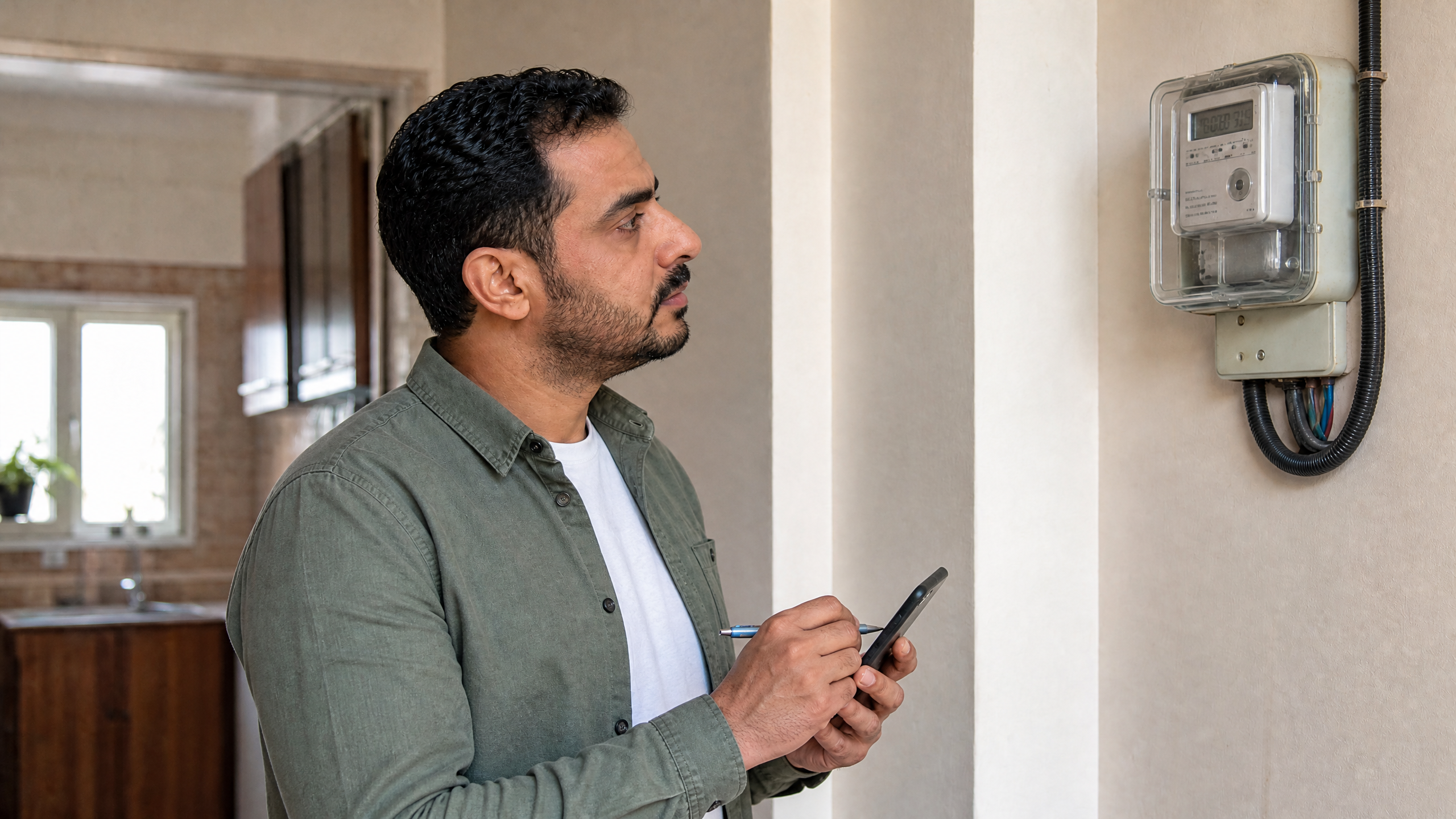 رجل يفحص نوع عداد الكهرباء قبل تسجيل القراءة إلكترونيًا