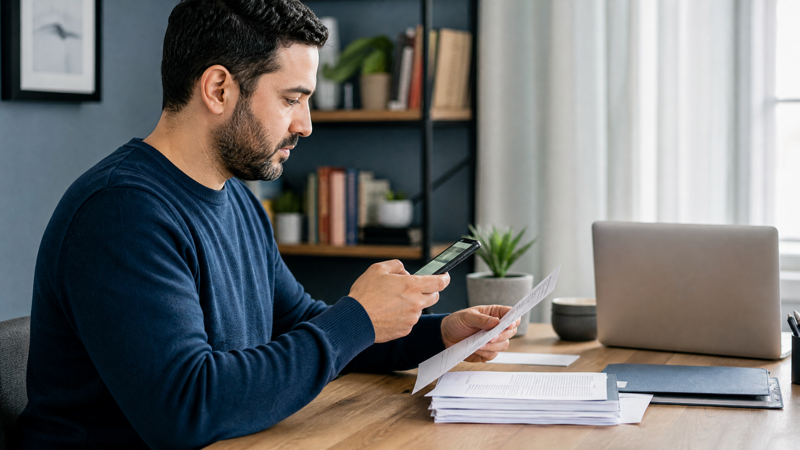 رجل يجهز مستندات متعددة الصفحات لإنشاء ملف PDF ومشاركته بأمان