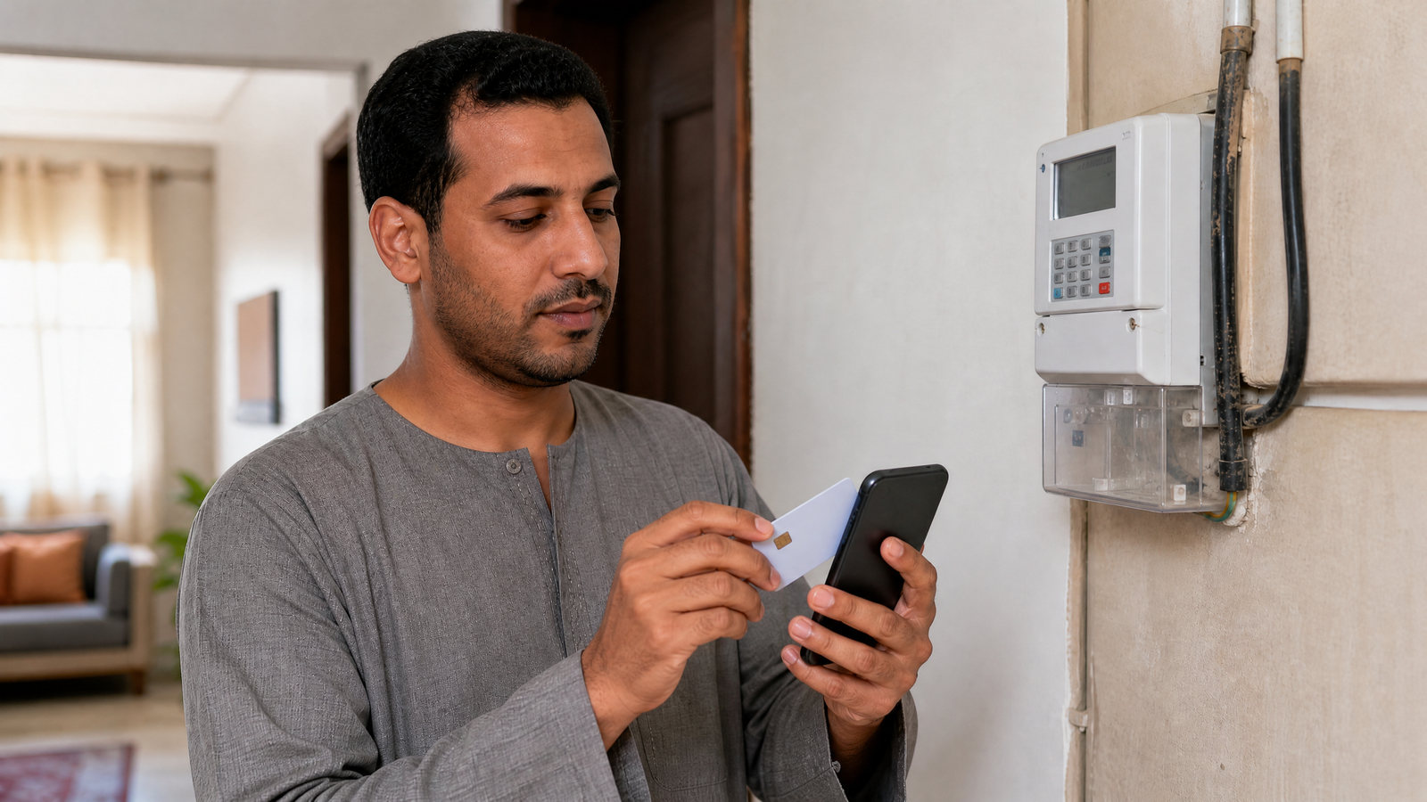 رجل مصري يقرّب كارت الكهرباء من هاتف يدعم NFC للشحن