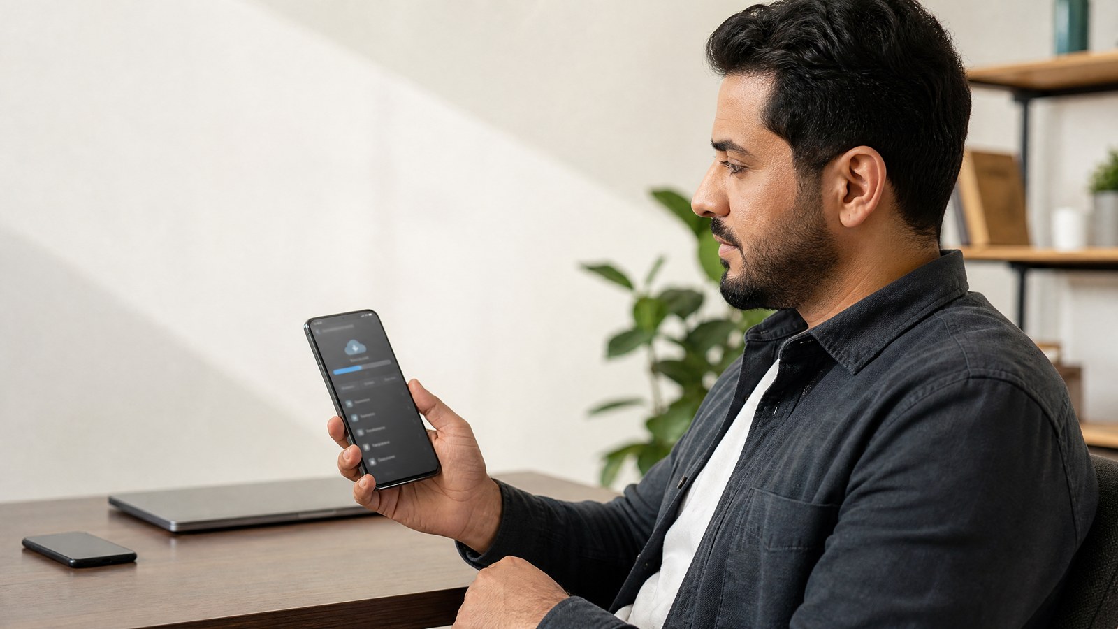 رجل يراجع إعدادات النسخ الاحتياطي لهاتف Android على مكتب