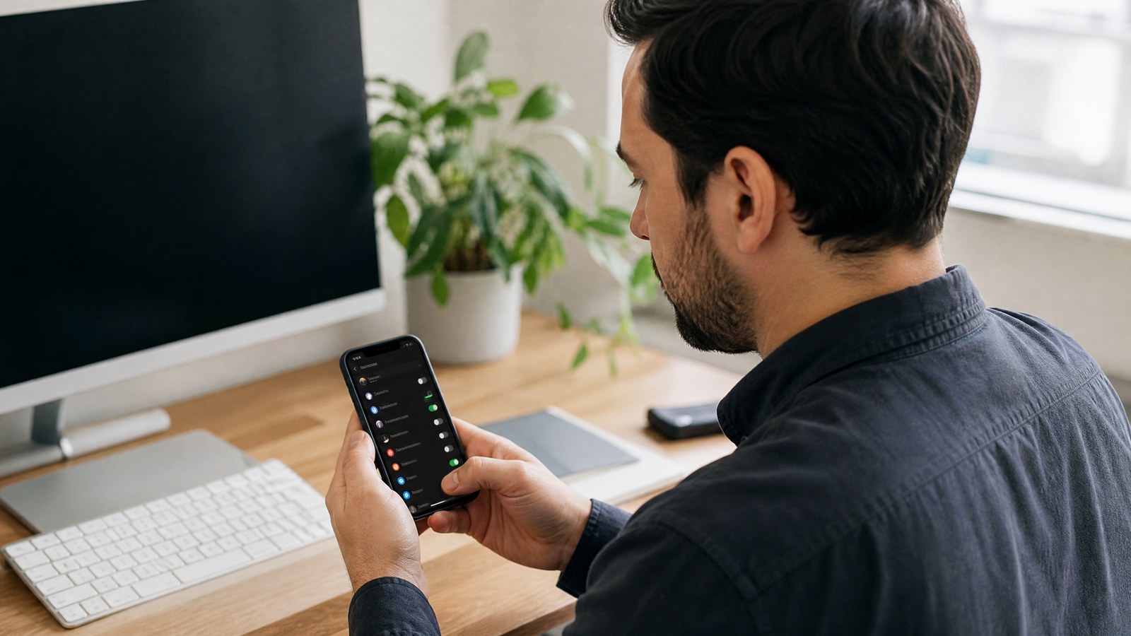 رجل يراجع إعدادات الخصوصية والأمان في هاتف iPhone
