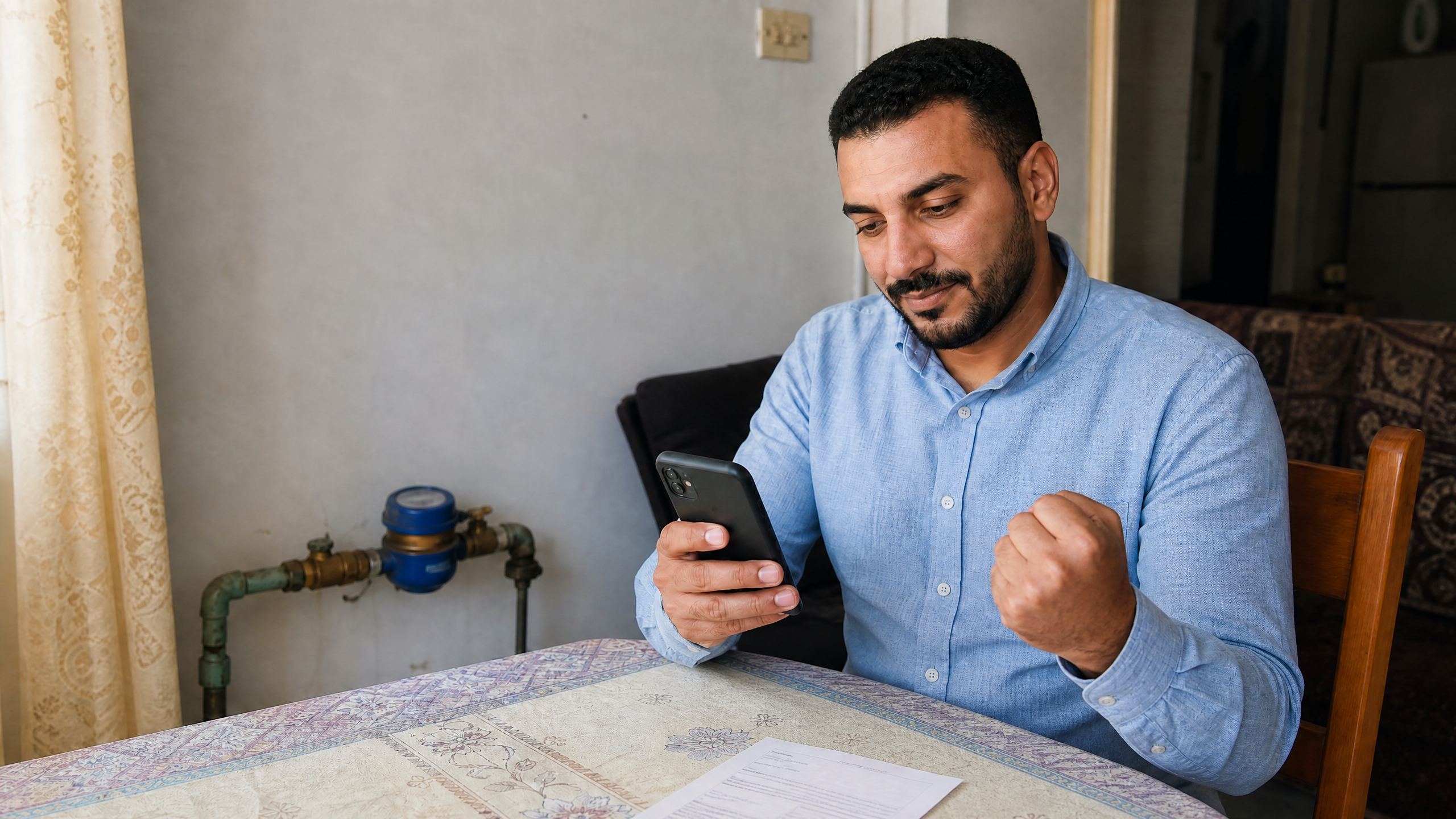 رجل مصري يراجع تأكيد دفع فاتورة المياه على الهاتف