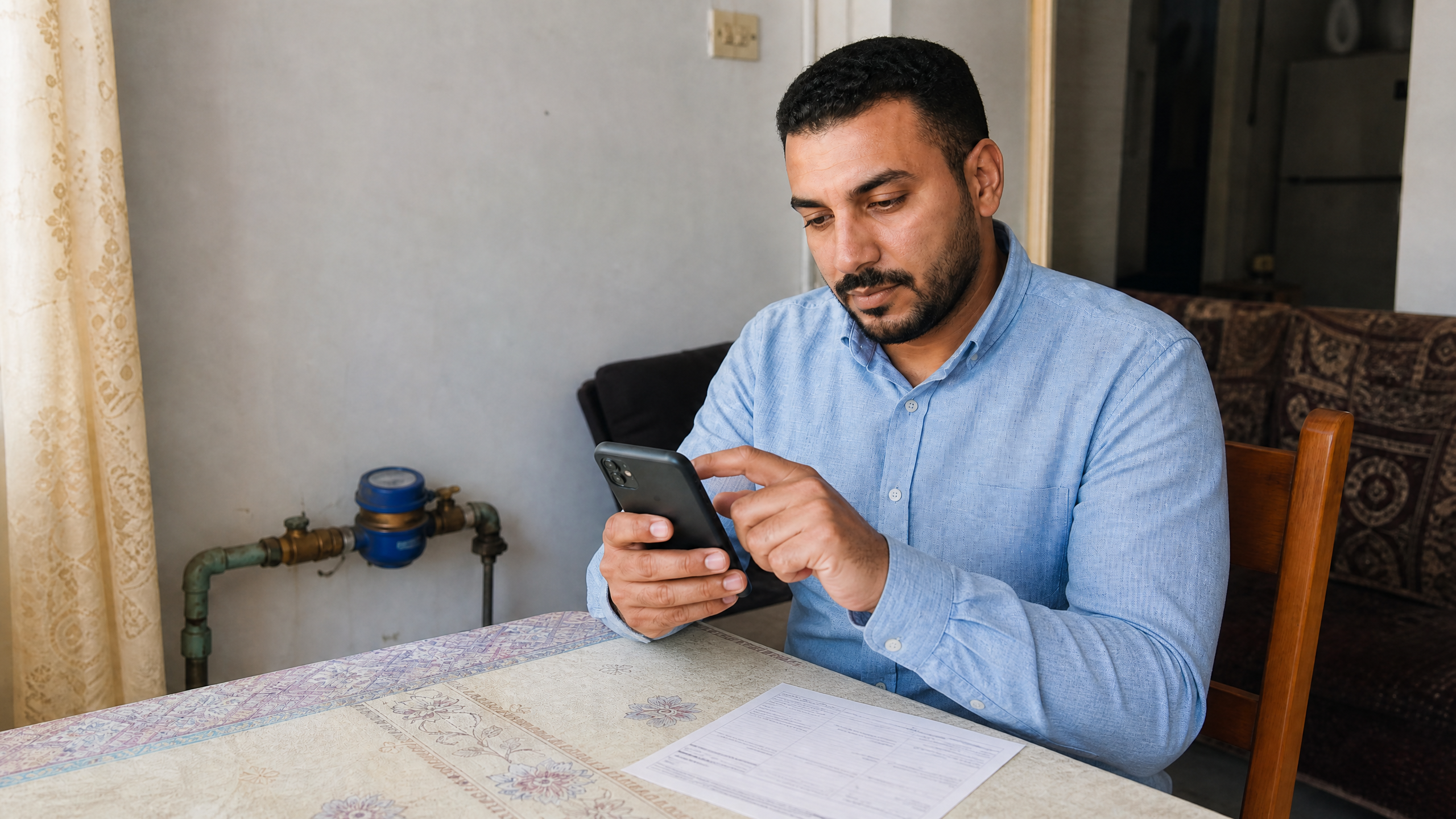 رجل مصري يدخل رقم اشتراك المياه في الهاتف للاستعلام عن الفاتورة