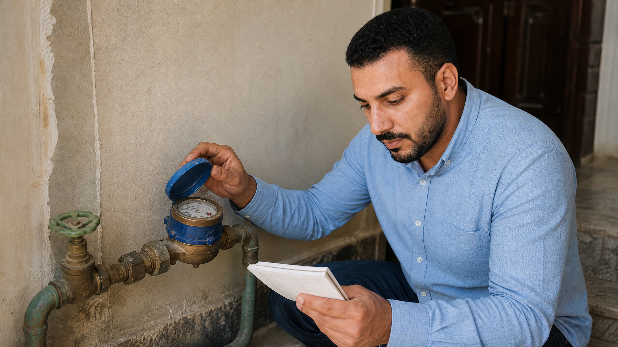 رجل مصري يفحص عداد المياه ويقارن القراءة بفاتورة سابقة
